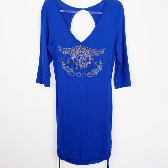 COOGI Australia Blue‎ Logo Studded Long Sleeve Drape Open Back Dress Size Large - Picture 3 of 12